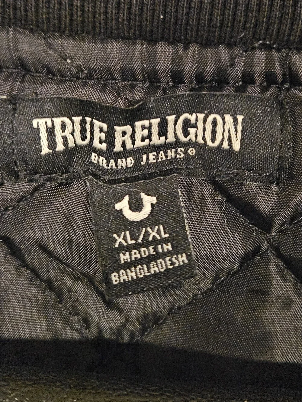 True Religion Bomber Varsity Jacket Mens XL Black Streetwear Faux Suede Snaps
